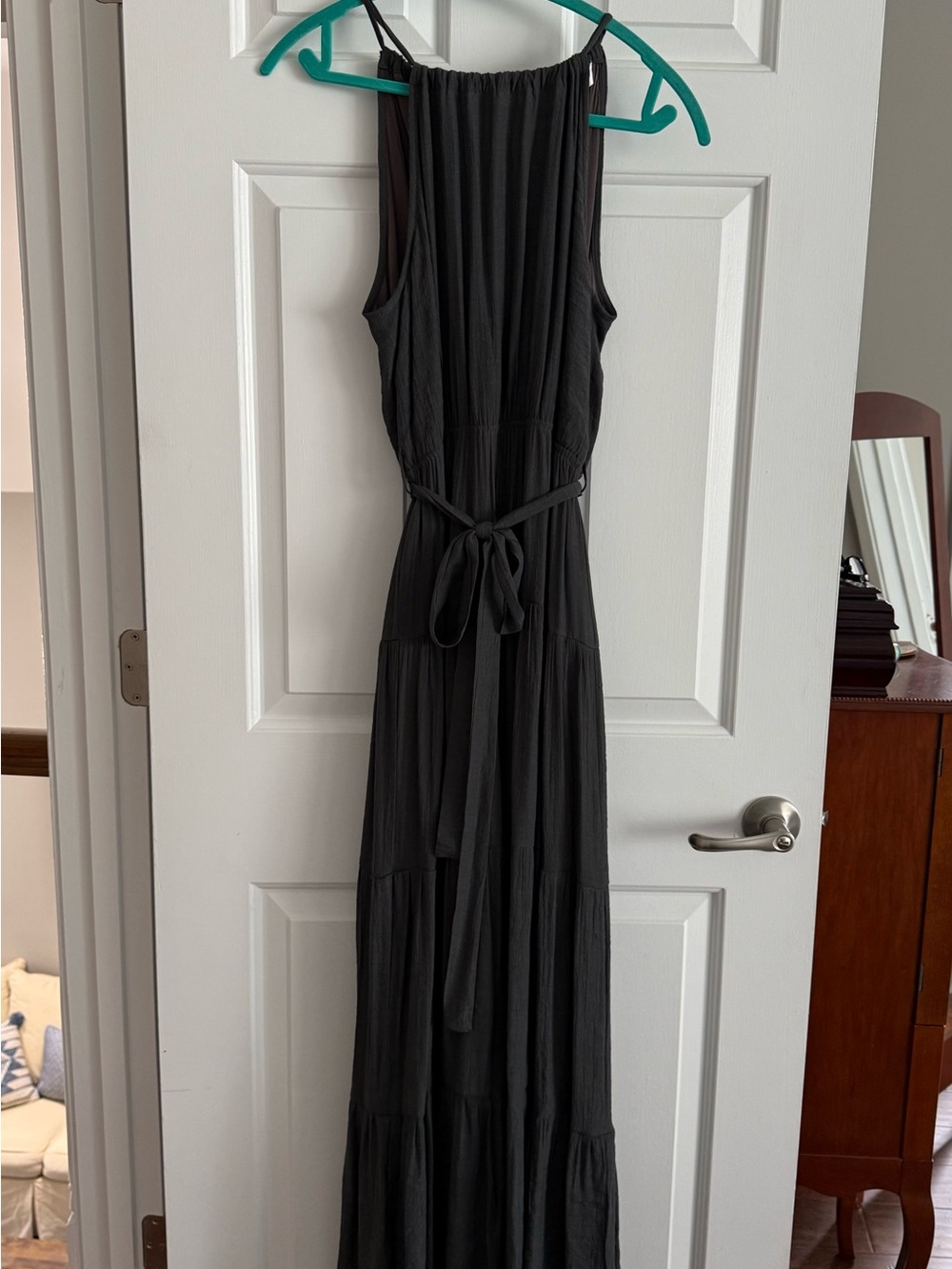 Bluivy Charcoal Gray Halter Tiered Maxi Dress with Tie Waist